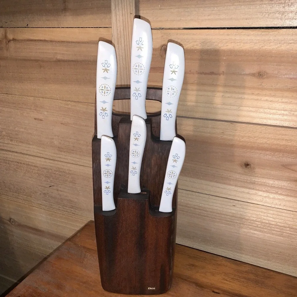 1960s Ekco Vanadium Dutch Tulip 6pc Knife Set W/Wood Wall Hanging USA Rare‎ READ